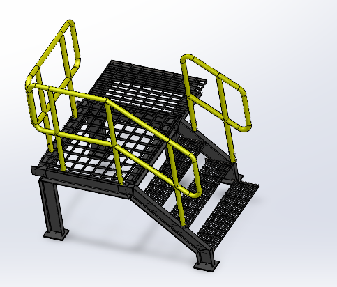 Plataforma de acceso con escaleras y barandas diseñada en CAD
